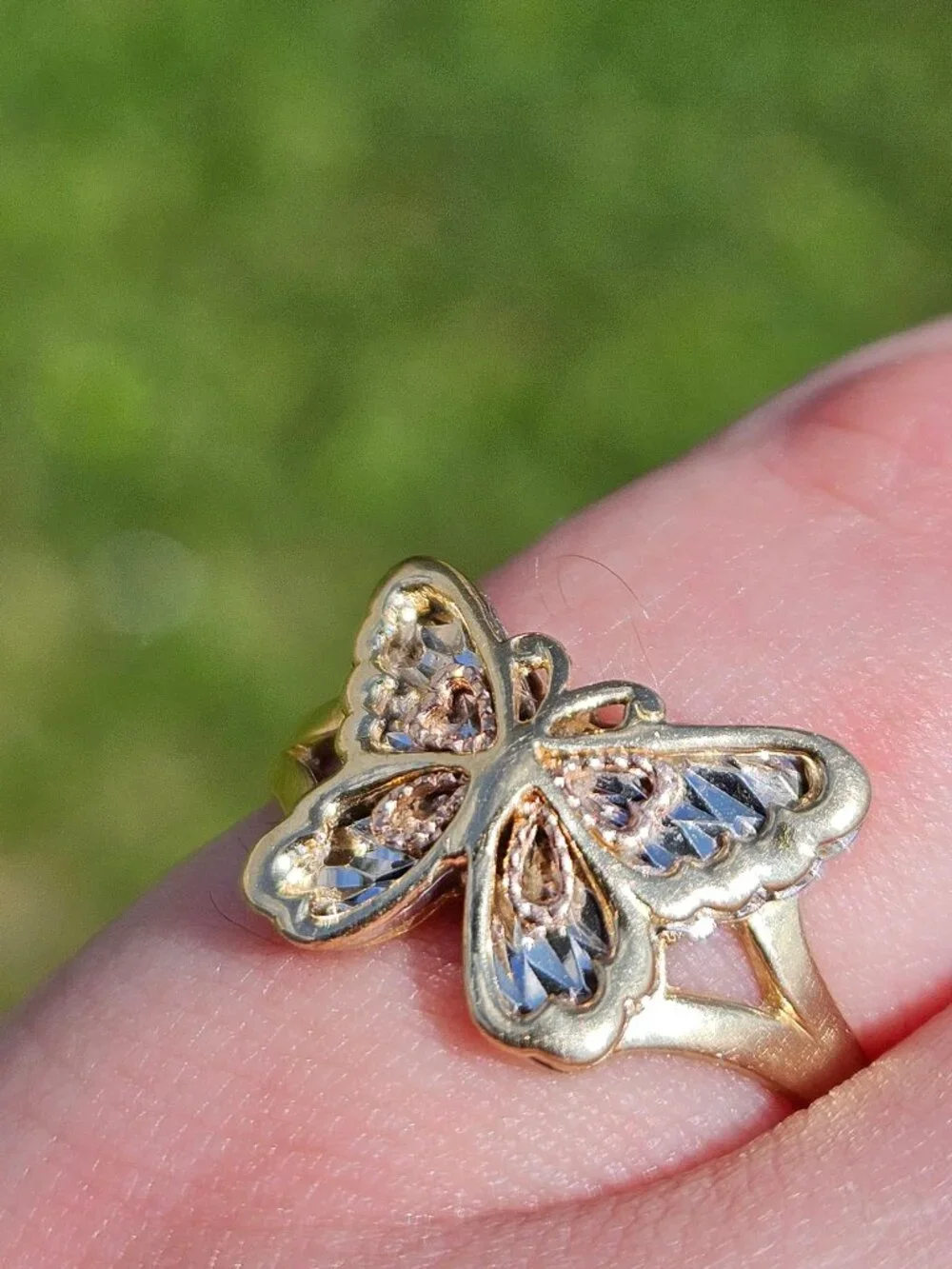 10K Tri Color 3 Tone Gold Butterfly Filigree Cocktail Ring 20x11mm Size 6.25